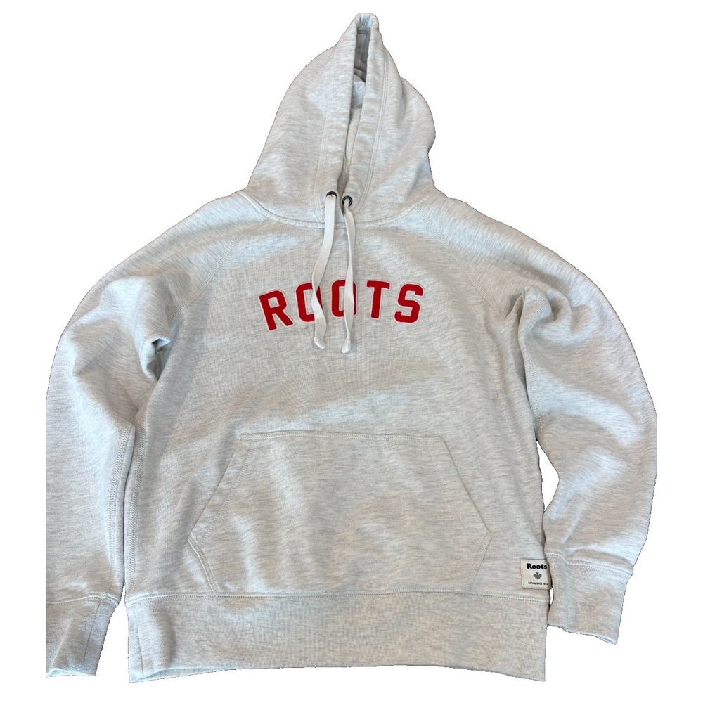 Roots Canada Hoodie Sweatshirt Gray Kangaroo Pocket Pullover red shoutout sz XS